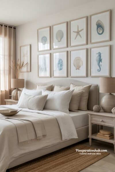 Coastal bedroom with framed seashell gallery wall decor in blue and white tones