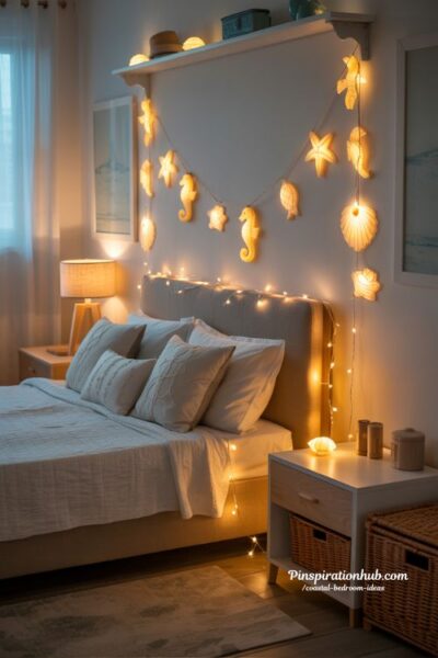 Coastal bedroom with nautical string lights and warm seaside glow