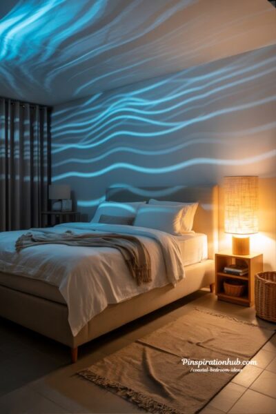Coastal bedroom with ocean wave projector lighting and warm bedside lamp glow