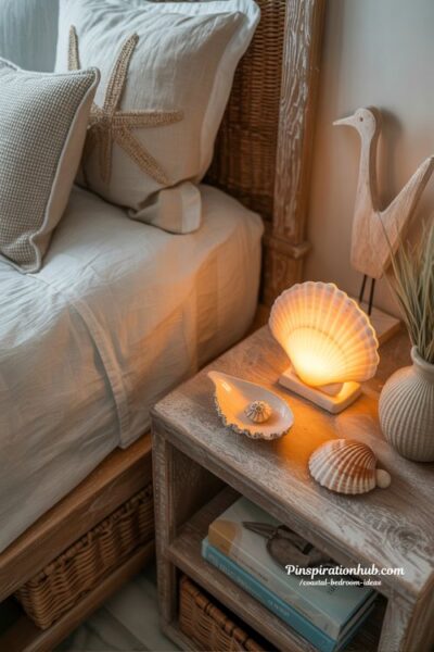 Coastal bedroom with seashell night light and small beach decor accents