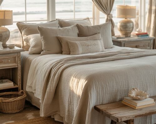 Coastal bedroom with soft linen bedding and warm beach house decor