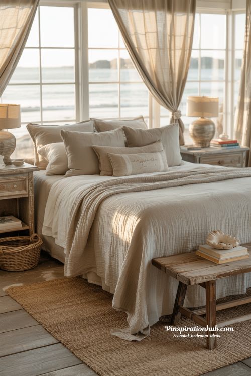 Coastal bedroom with soft linen bedding and warm beach house decor