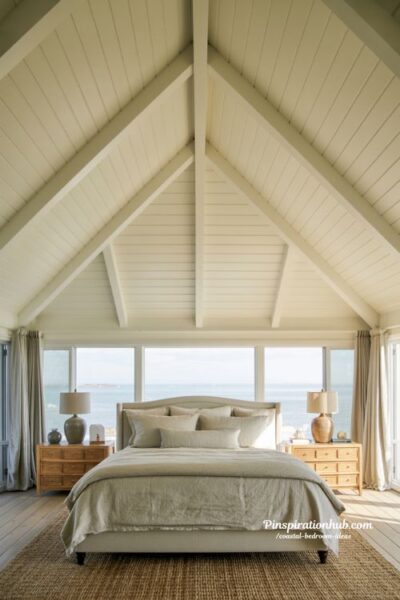 Coastal bedroom with vaulted shiplap ceiling and airy natural decor