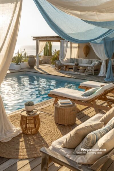 Coastal calm pool side decorating ideas with soft blue and white outdoor layers