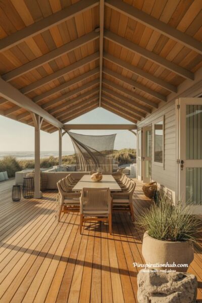 Coastal covered deck with tongue and groove cedar ceiling and cumaru decking design