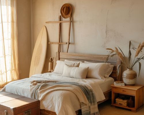 Coastal cowgirl aesthetic bedroom with linen bedding denim throw and rustic western coastal decor