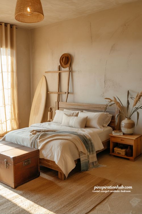 Coastal cowgirl aesthetic bedroom with linen bedding denim throw and rustic western coastal decor