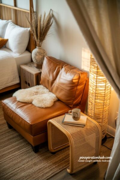 Coastal cowgirl bedroom sitting corner with leather chair woven lamp and cozy boho ranch coastal aesthetic reading nook interior design