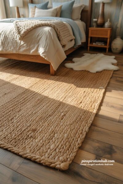 Coastal cowgirl bedroom with chunky jute rug layered boho western coastal aesthetic floor texture interior design