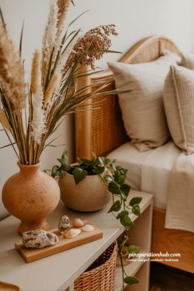 Coastal cowgirl bedroom with dried pampas grass terracotta vases and natural coastal botanical decor aesthetic organic interior styling