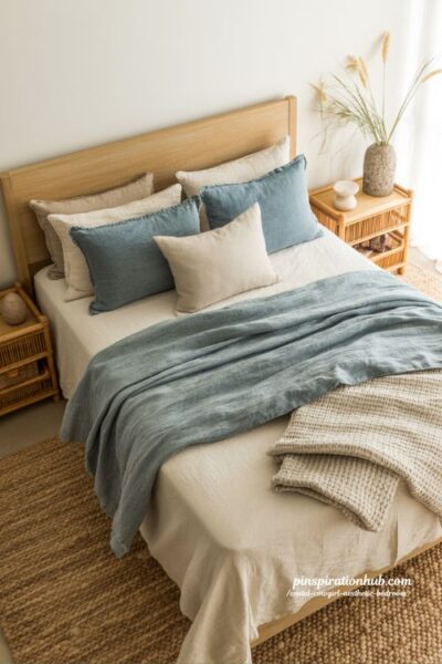 Coastal cowgirl bedroom with faded denim bedding and chambray accents warm sun washed western coastal aesthetic interior design