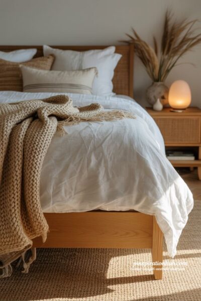 Coastal cowgirl bedroom with layered throw blankets chunky knit and denim draped bed aesthetic cozy lived in interior styling