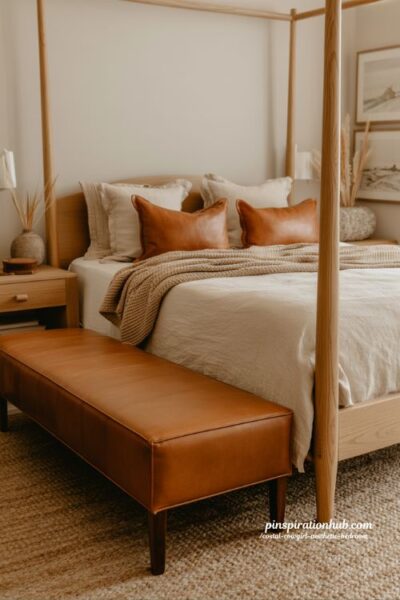 Coastal cowgirl bedroom with leather bench and tan accents layered linen and wood warm aesthetic interior design