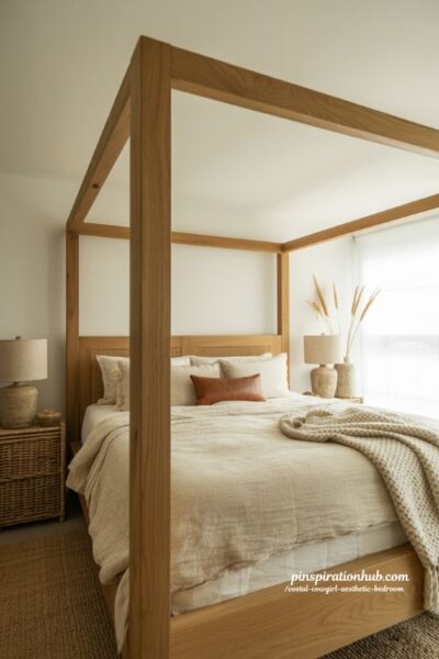 Coastal cowgirl bedroom with warm wood canopy bed ivory linen bedding and airy ranch coastal aesthetic interior