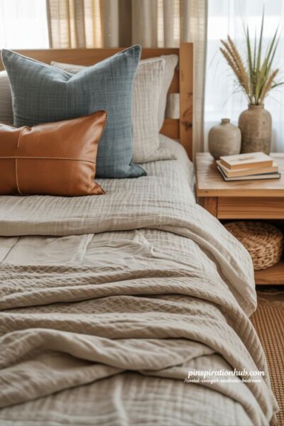 Coastal cowgirl bedroom with white linen bedding layered knit throw and denim leather pillows aesthetic cozy design