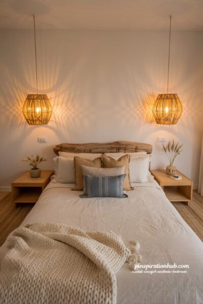 Coastal cowgirl bedroom with woven rattan wall sconces warm bedside lighting rustic boho coastal aesthetic interior design