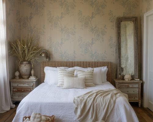 Coastal grandma bedroom with soft white linen and wicker accents in a calm New England beach house style