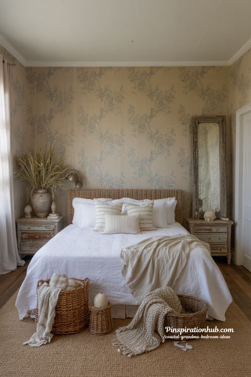 Coastal grandma bedroom with soft white linen and wicker accents in a calm New England beach house style