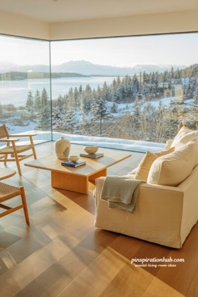 Coastal living room in mountain home with snowy view and airy calm design