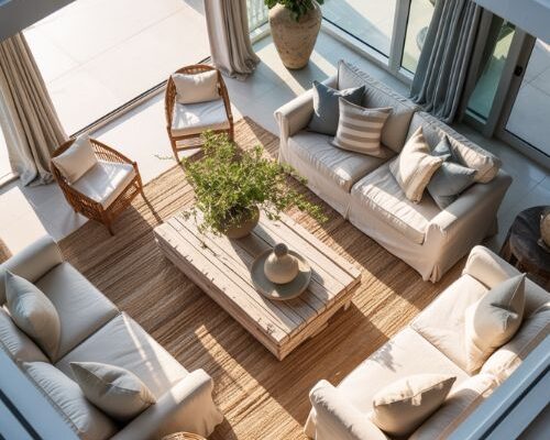 Coastal living room with airy natural textures and elegant seaside inspired decor