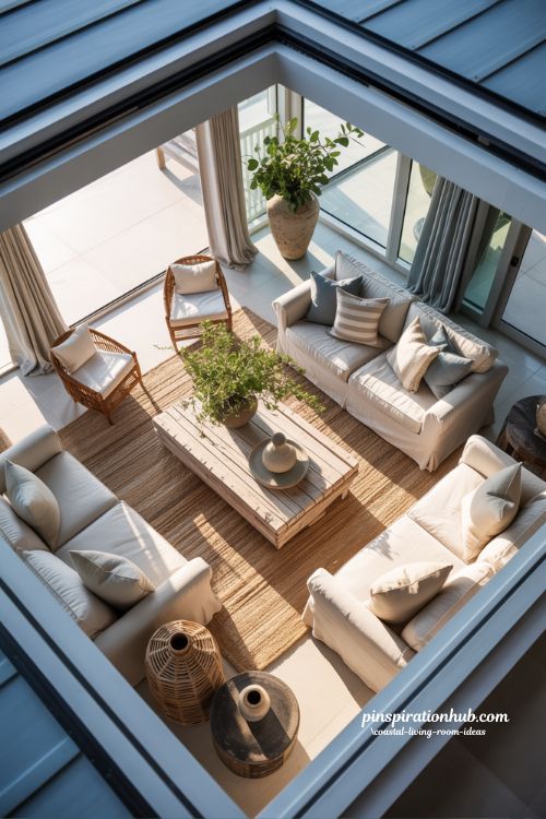 Coastal living room with airy natural textures and elegant seaside inspired decor
