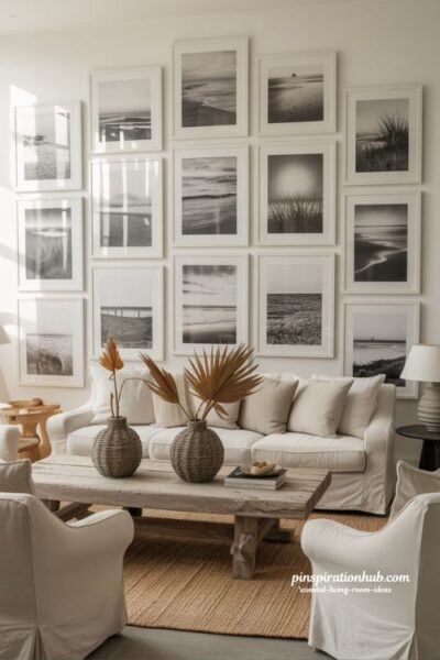 Coastal living room with black and white seaside photography gallery wall and natural textures