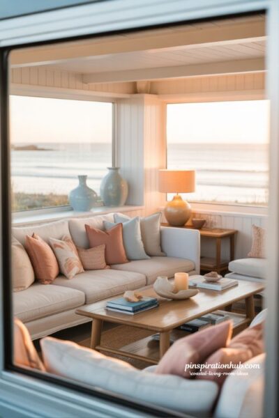 Coastal living room with blue and pink sunset tones and warm gold accents