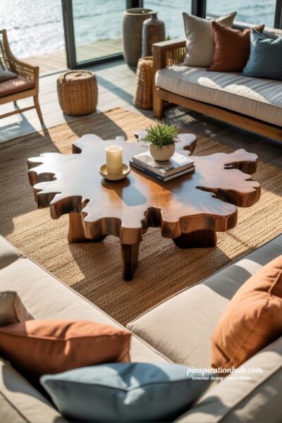 Coastal living room with live edge coffee table and warm organic textures
