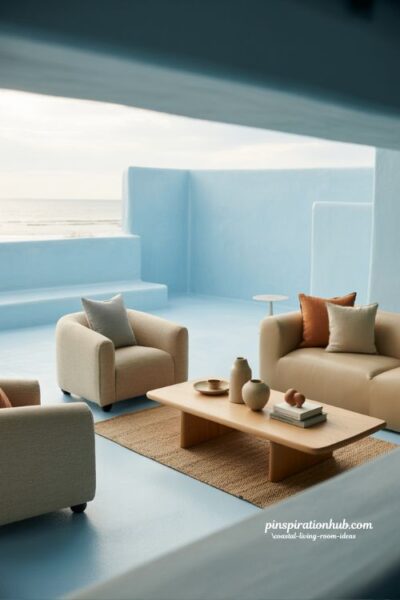 Coastal living room with pale sky blue walls and warm neutral textures