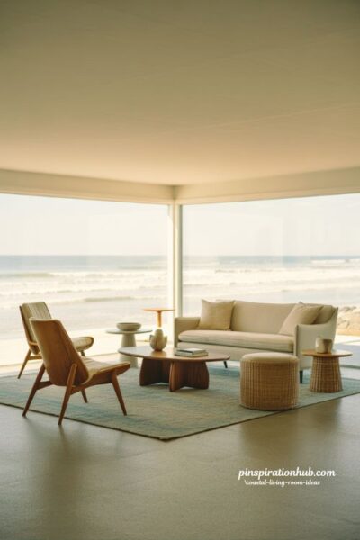 Coastal midcentury modern living room with clean lines and sandy neutral palette