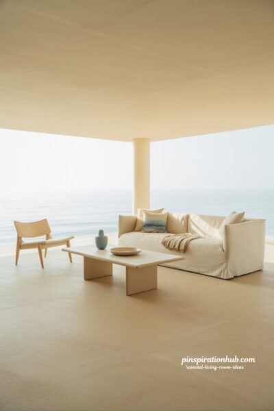 Coastal minimalist living room with soft neutral palette and airy calm design