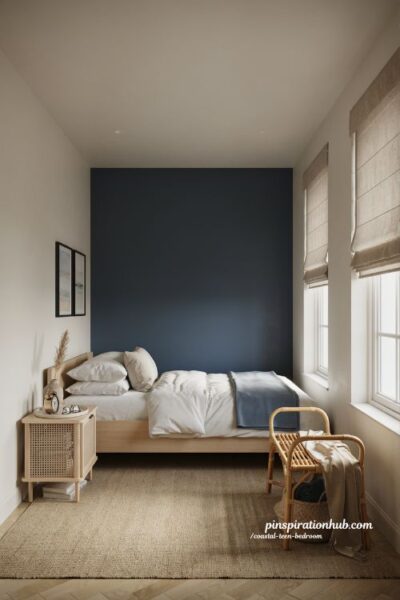 Coastal teen bedroom ideas with Roman shades and clean modern window styling
