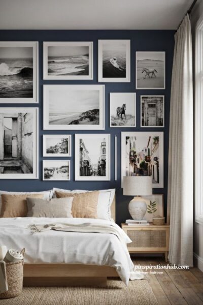 Coastal teen bedroom ideas with black and white gallery wall and modern coastal style