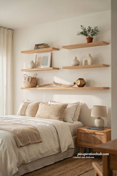 Coastal teen bedroom ideas with curated open shelves and woven basket storage