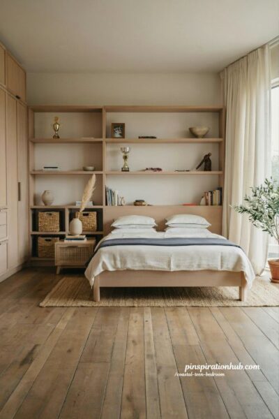 Coastal teen bedroom ideas with decluttered minimalist styling and modern coastal design