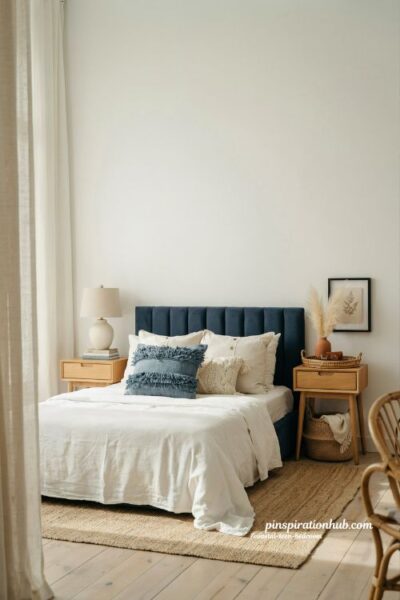 Coastal teen bedroom ideas with layered textured throw pillows and navy accents
