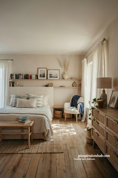Coastal teen bedroom ideas with modern blue tones natural textures and timeless styling