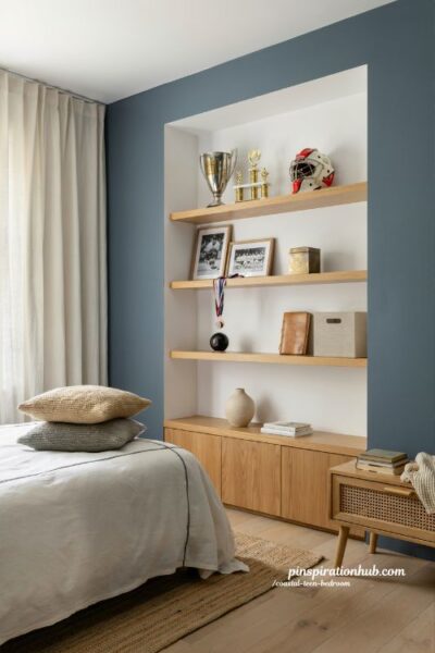Coastal teen bedroom ideas with trophy display shelves and curated keepsake styling