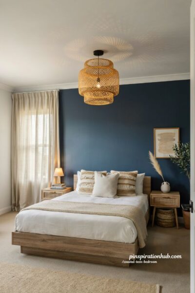 Coastal teen bedroom ideas with woven bamboo chandelier and modern coastal style