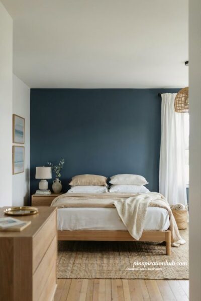 Coastal teen bedroom with deep blue accent wall and natural wood decor
