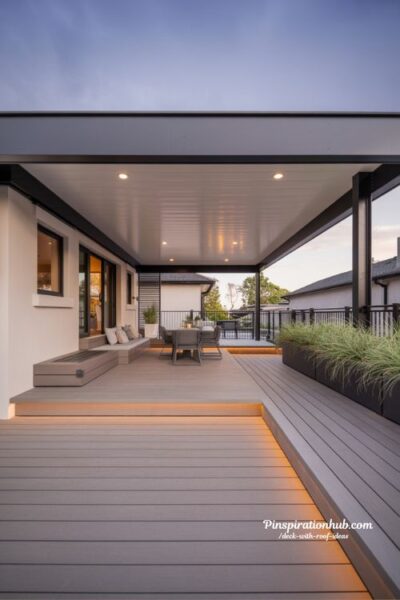 Composite decking covered deck with aluminum ceiling and integrated step lighting design