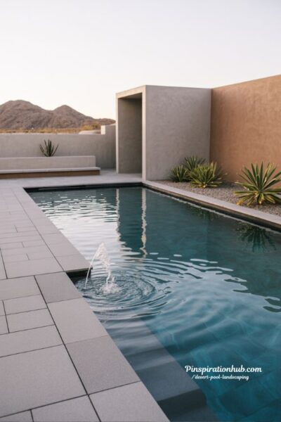 Contemporary rectangular infinity pool with fountain and minimalist desert landscaping