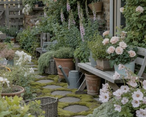 Cottage garden ideas with layered flowers and soft natural pathways
