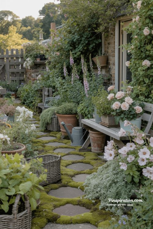 Cottage garden ideas with layered flowers and soft natural pathways