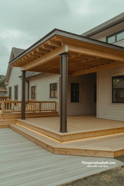 Covered deck addition planned from the start with future roof support posts and lighting design