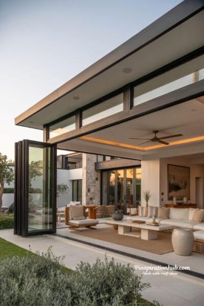 Covered deck with bi-fold glass doors seamless indoor outdoor living space design