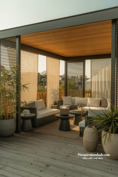 Covered deck with privacy screens shade panels and secluded outdoor lounge design