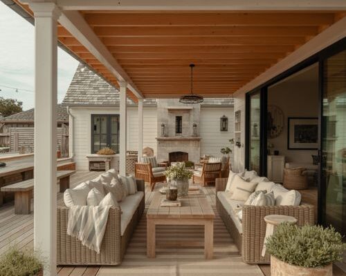 Covered deck with roof extension outdoor living room design