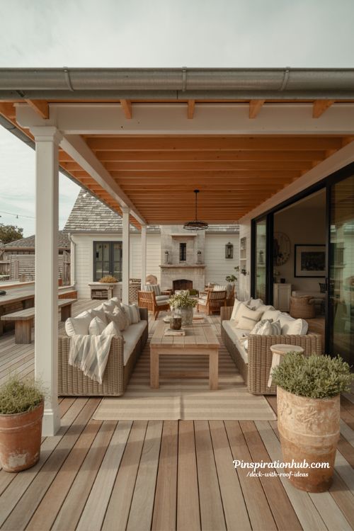 Covered deck with roof extension outdoor living room design
