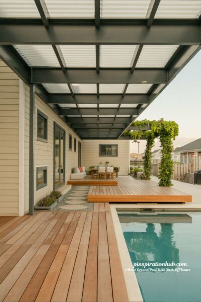 Covered patio above ground pool deck extension with pergola transition outdoor room design